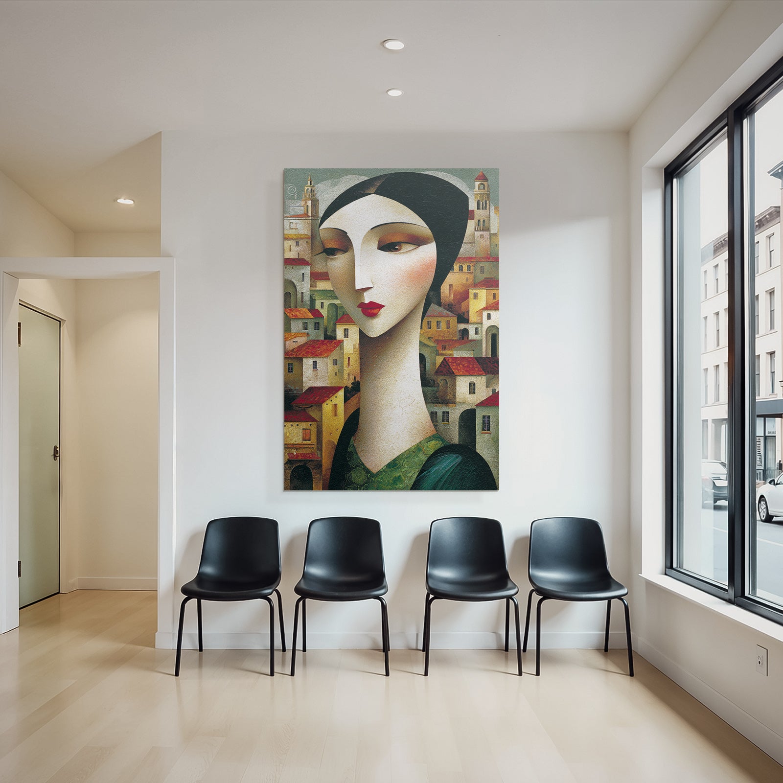 ArtDeco Frau Mit Langem Hals Vor Dorfkulisse