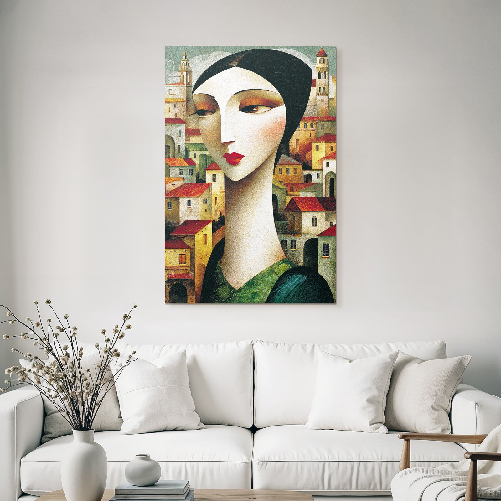ArtDeco Frau Mit Langem Hals Vor Dorfkulisse