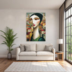 ArtDeco Frau Mit Langem Hals Vor Dorfkulisse