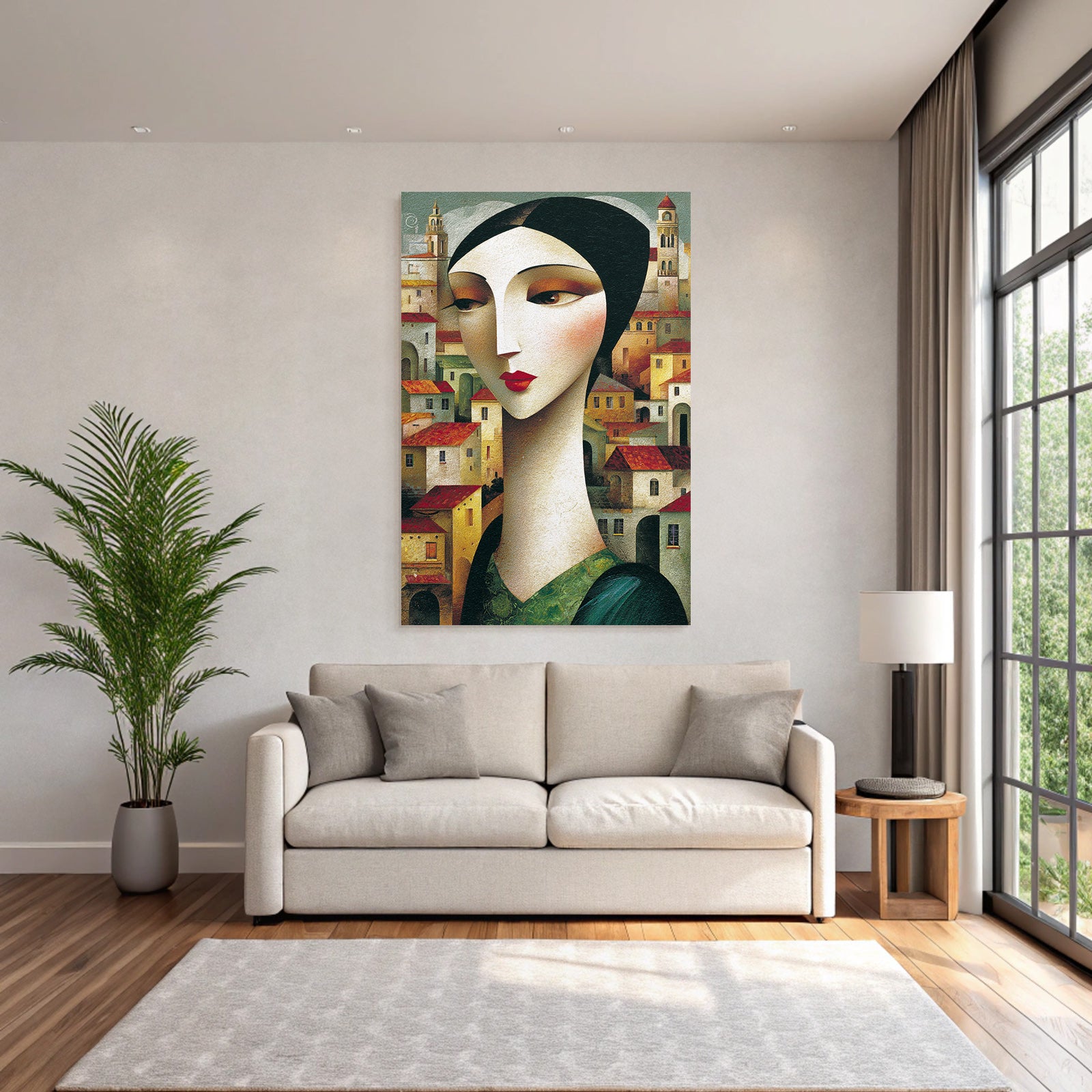 ArtDeco Frau Mit Langem Hals Vor Dorfkulisse