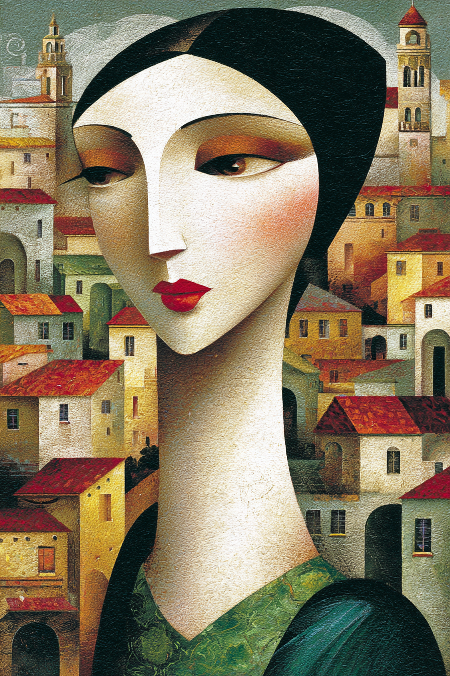 ArtDeco Frau Mit Langem Hals Vor Dorfkulisse | Art Deco | Stilrichtungen