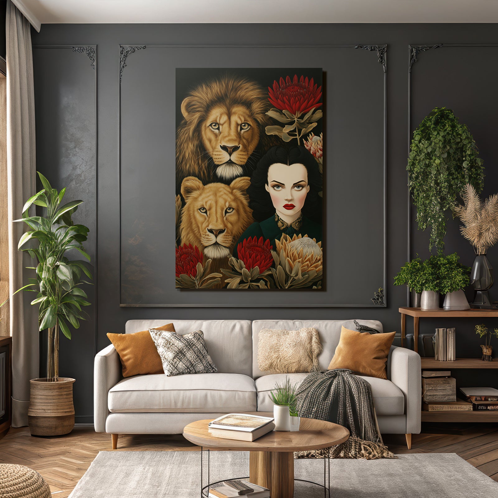 ArtDeco Frau Mit Zwei Löwen Und Blumen Kraft Und Schönheit