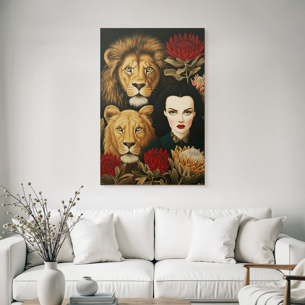 ArtDeco Frau Mit Zwei Löwen Und Blumen Kraft Und Schönheit