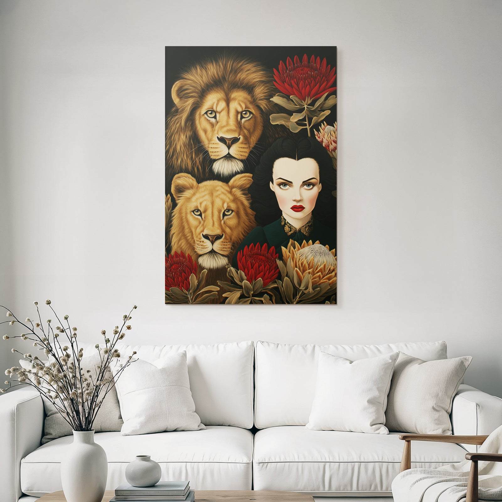ArtDeco Frau Mit Zwei Löwen Und Blumen Kraft Und Schönheit