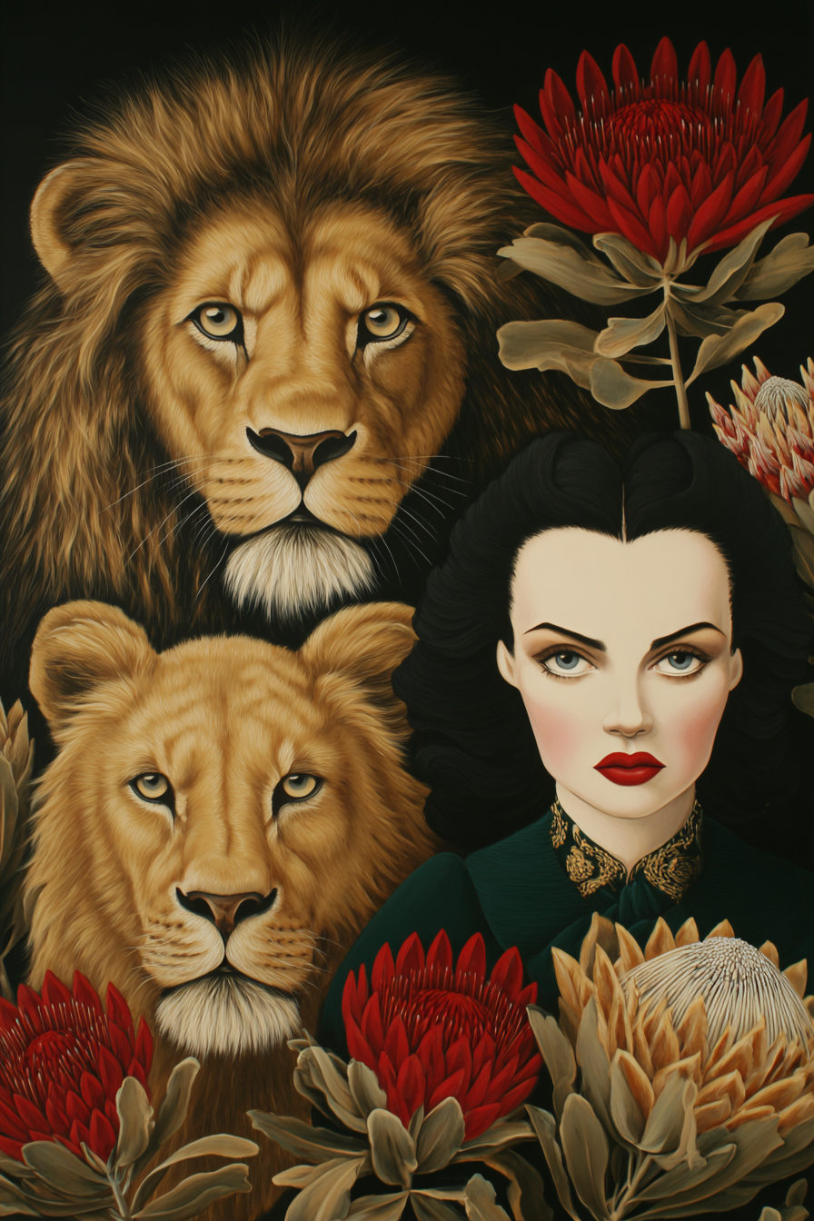ArtDeco Frau Mit Zwei Löwen Und Blumen Kraft Und Schönheit | Art Deco | Stilrichtungen