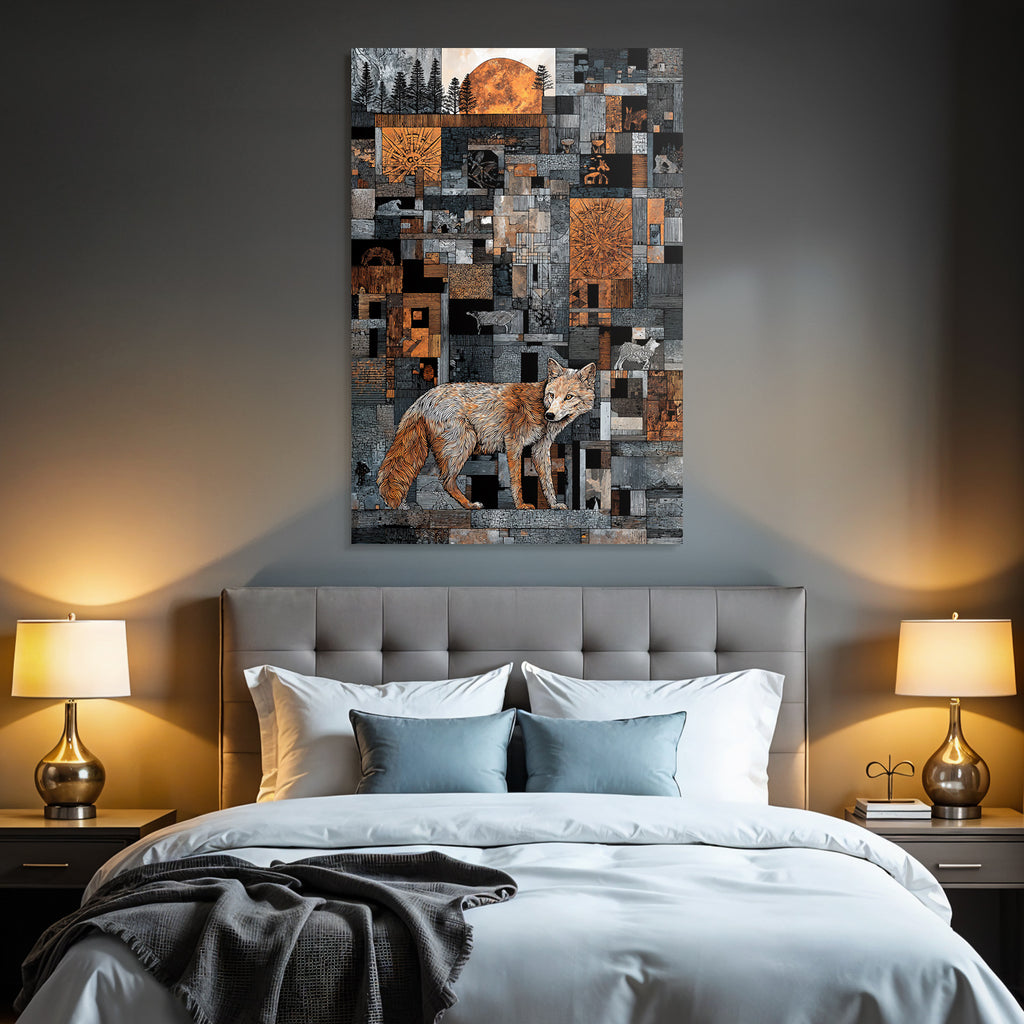 ArtDeco Fuchs Vor Geometrischem Muster Mit Baeumen