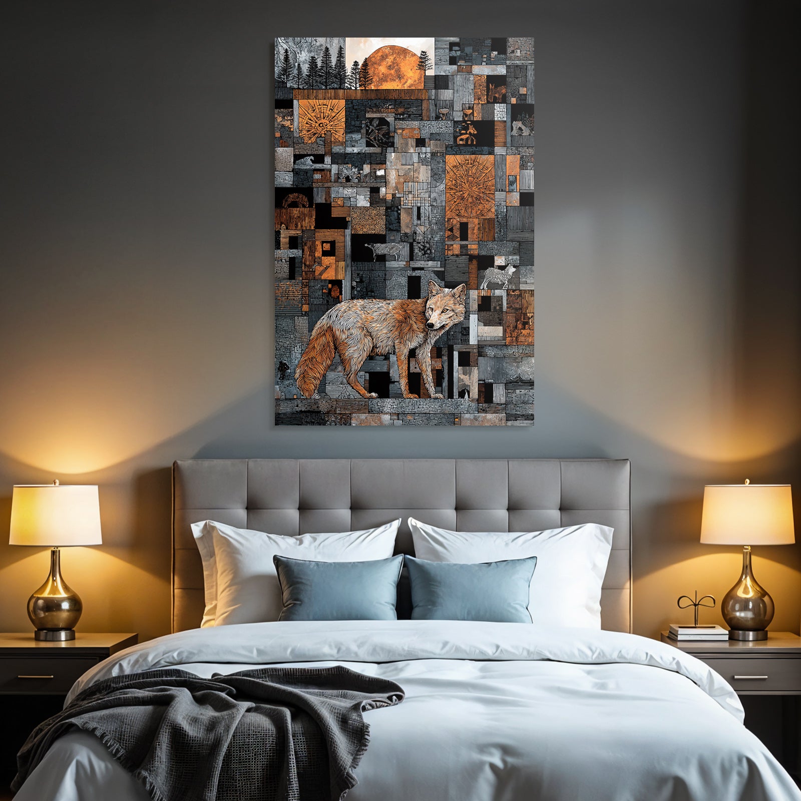 ArtDeco Fuchs Vor Geometrischem Muster Mit Baeumen
