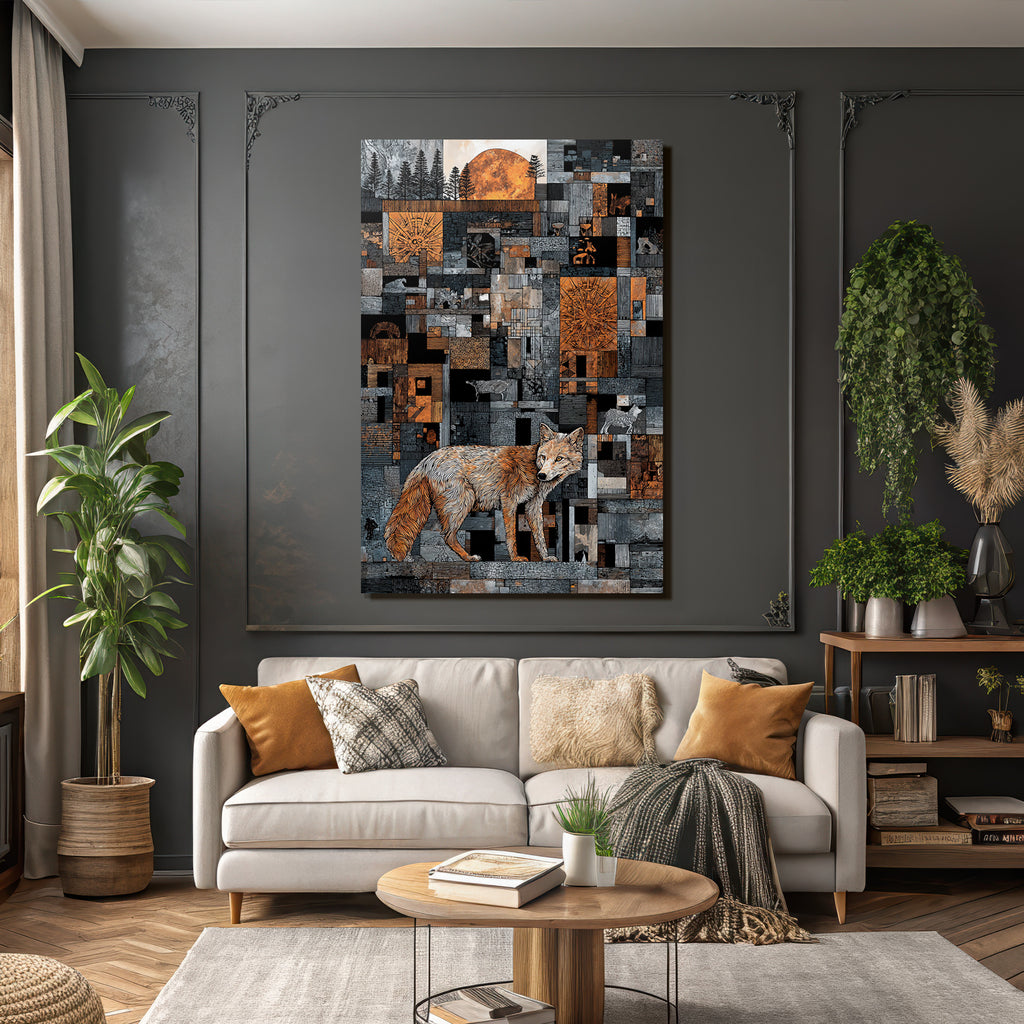 ArtDeco Fuchs Vor Geometrischem Muster Mit Baeumen