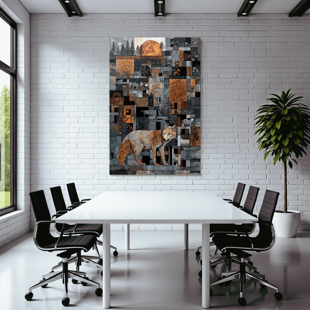 ArtDeco Fuchs Vor Geometrischem Muster Mit Baeumen