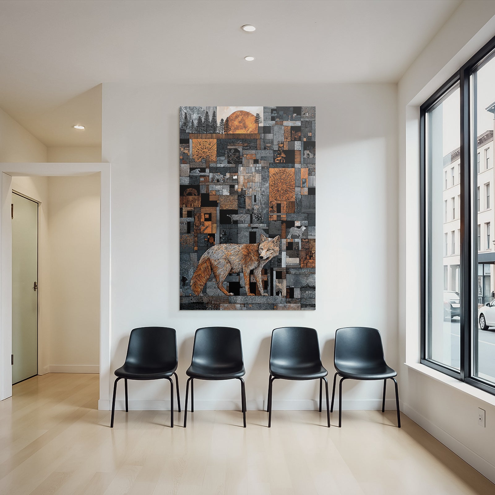ArtDeco Fuchs Vor Geometrischem Muster Mit Baeumen