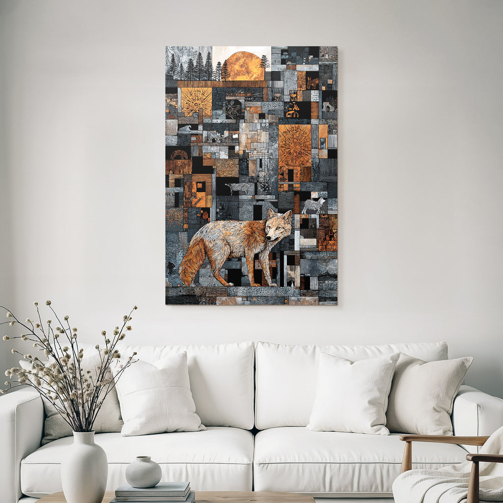 ArtDeco Fuchs Vor Geometrischem Muster Mit Baeumen