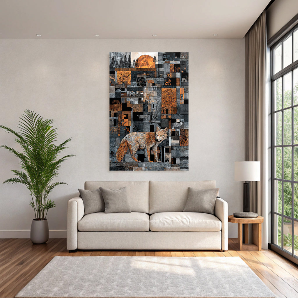 ArtDeco Fuchs Vor Geometrischem Muster Mit Baeumen