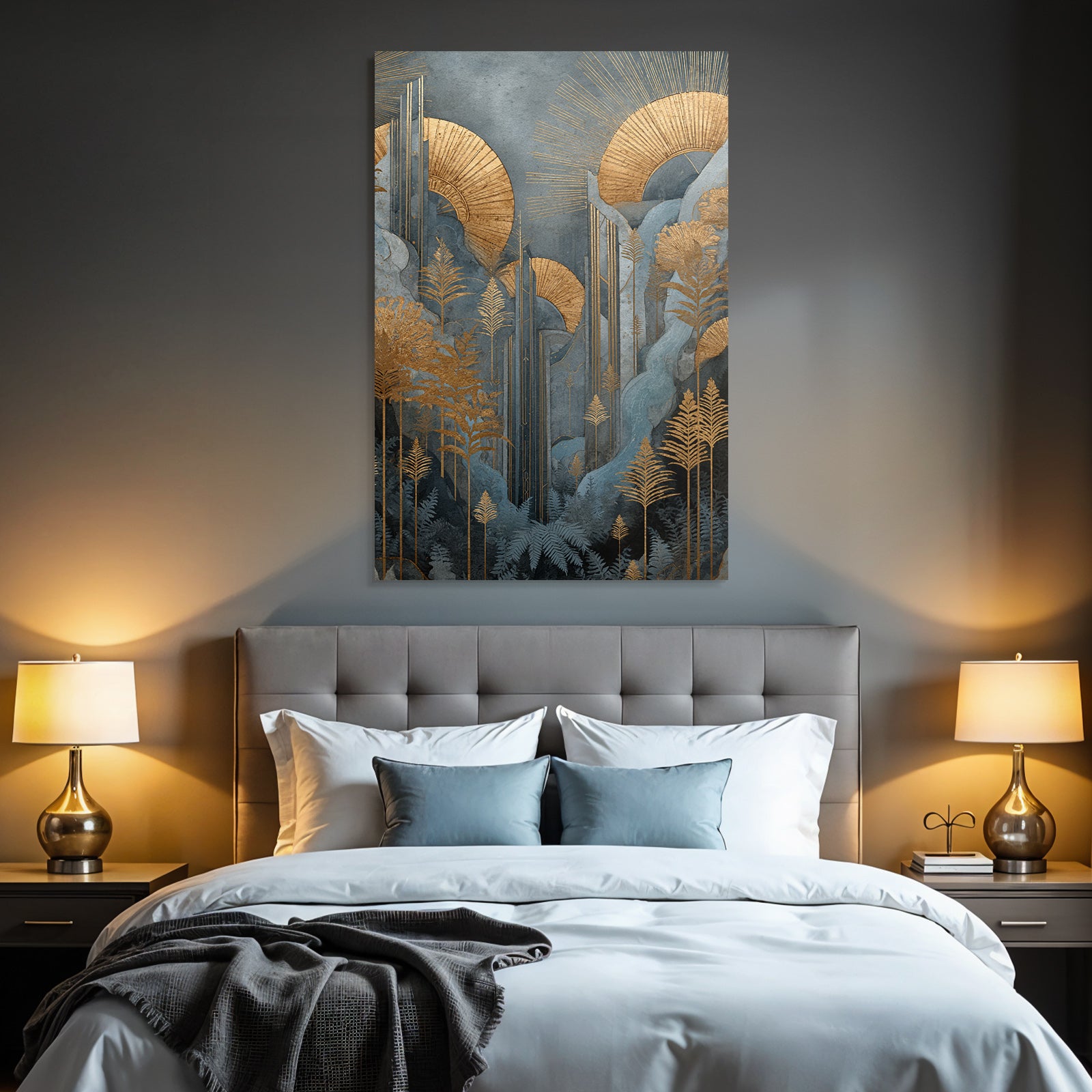 ArtDeco Goldene Botanische Landschaft Mit Blaüm Laub Und Sonnenringen
