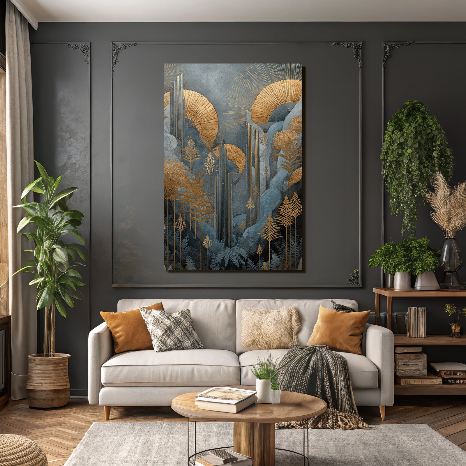ArtDeco Goldene Botanische Landschaft Mit Blaüm Laub Und Sonnenringen