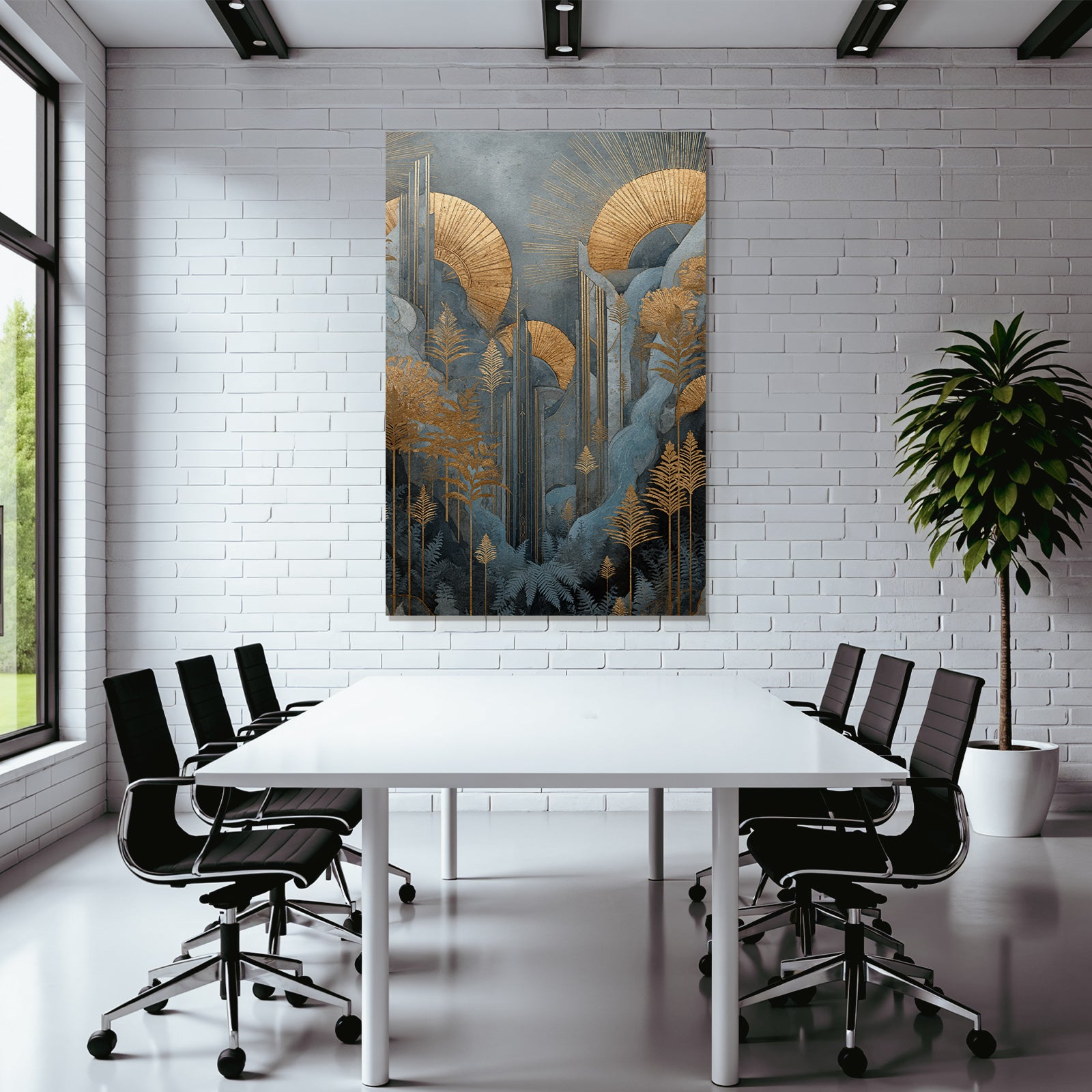 ArtDeco Goldene Botanische Landschaft Mit Blaüm Laub Und Sonnenringen