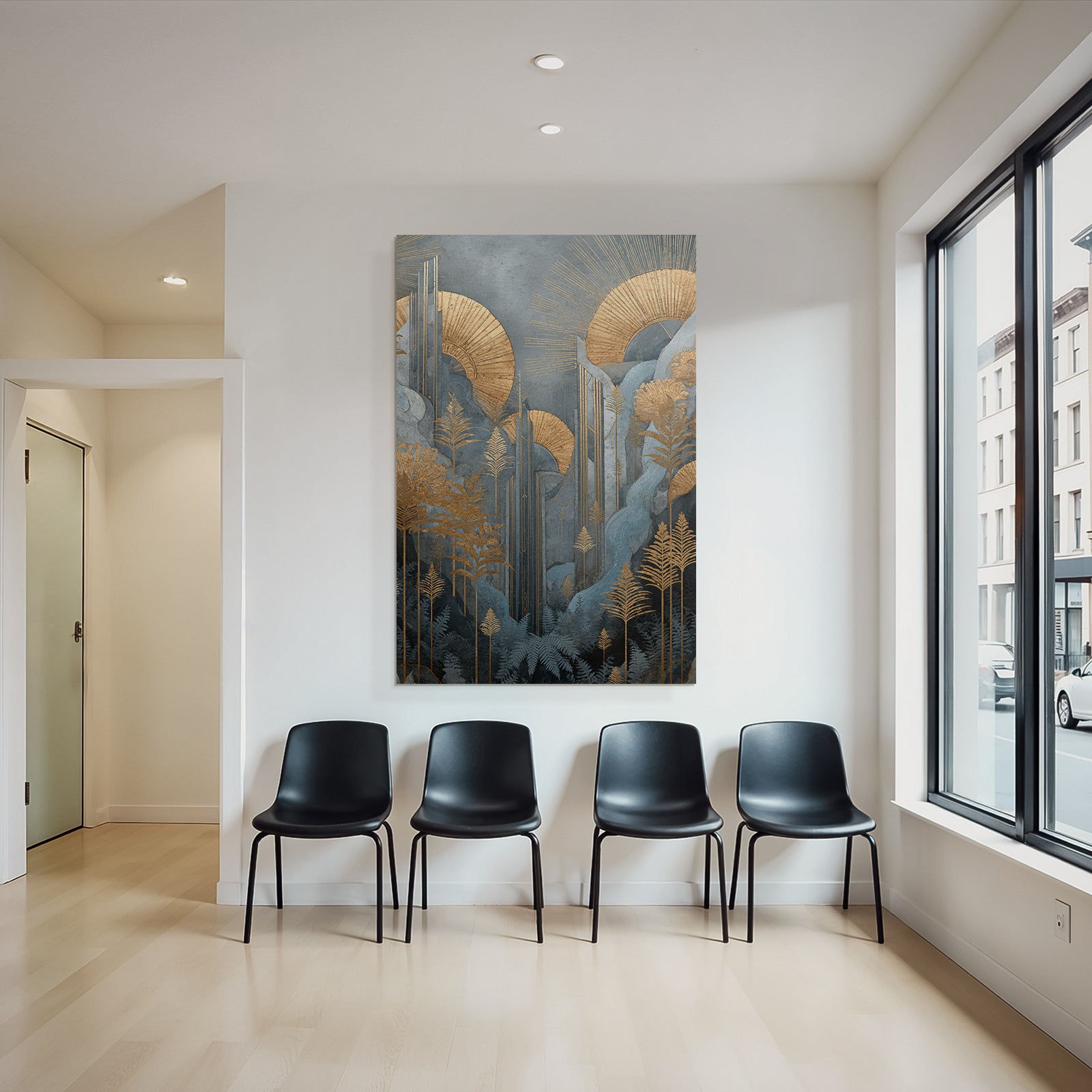 ArtDeco Goldene Botanische Landschaft Mit Blaüm Laub Und Sonnenringen