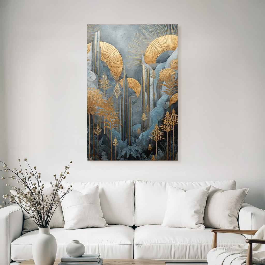 ArtDeco Goldene Botanische Landschaft Mit Blaüm Laub Und Sonnenringen