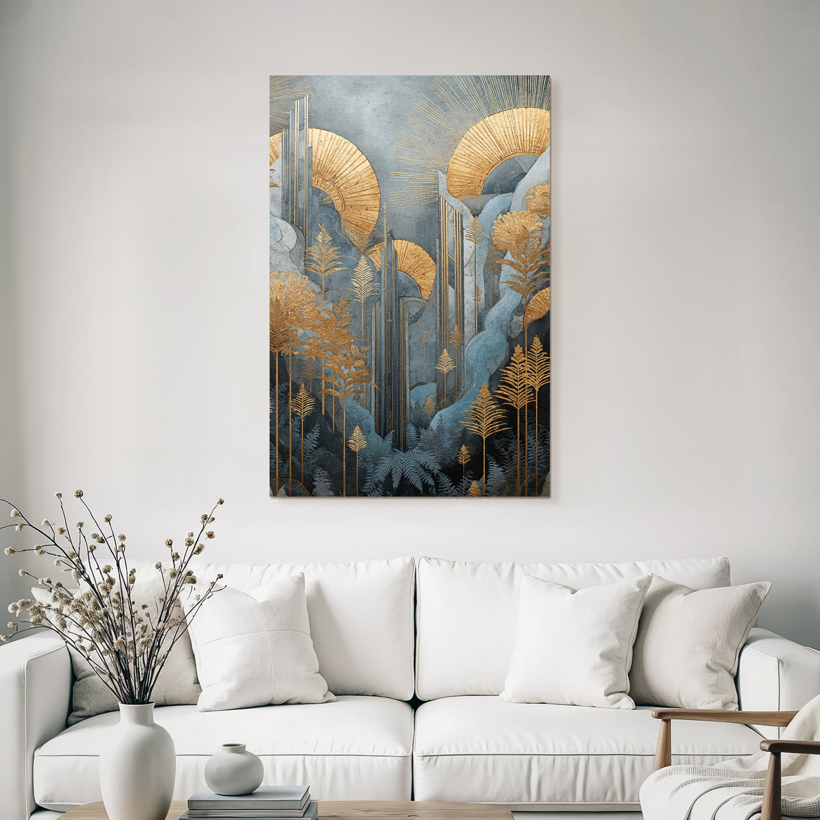 ArtDeco Goldene Botanische Landschaft Mit Blaüm Laub Und Sonnenringen