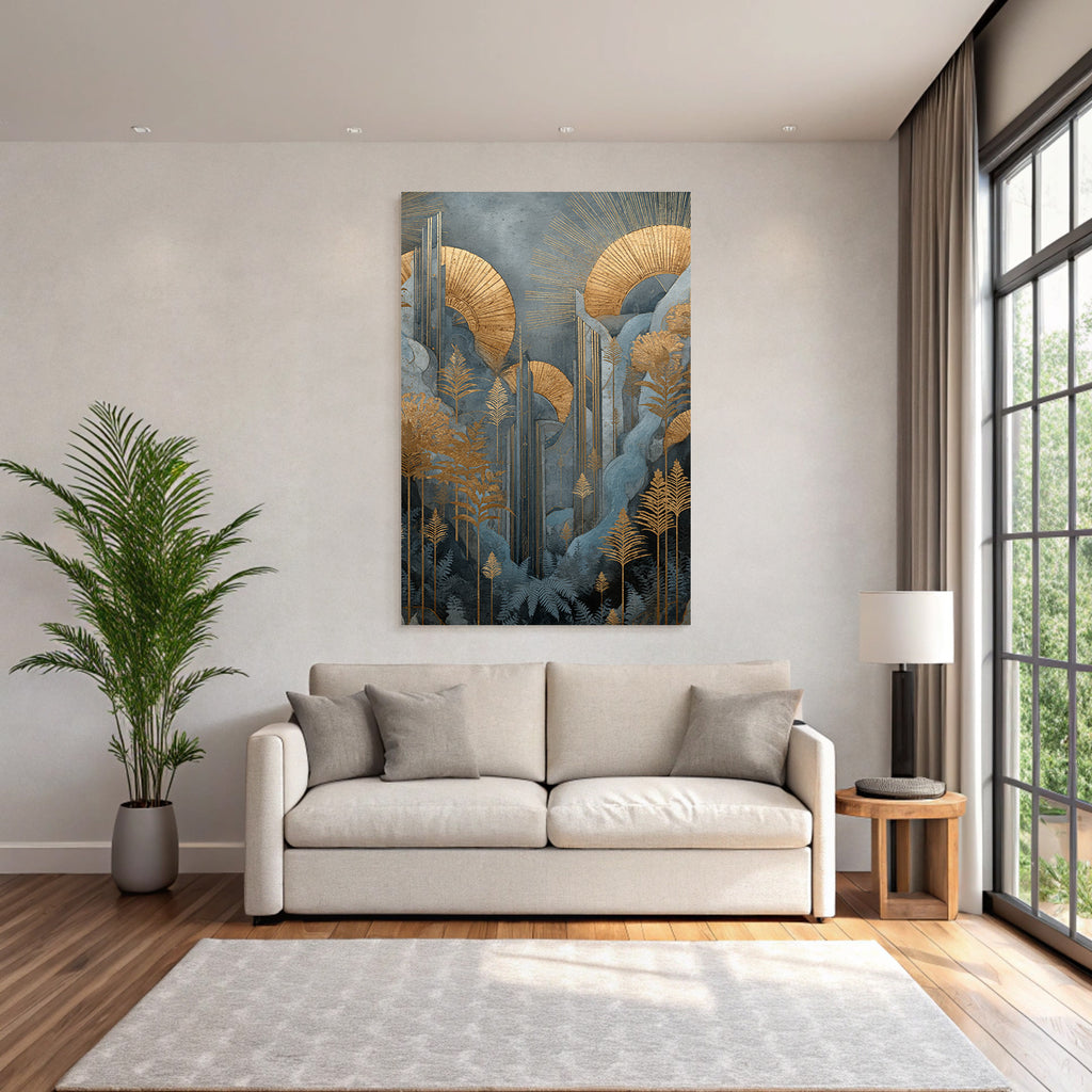 ArtDeco Goldene Botanische Landschaft Mit Blaüm Laub Und Sonnenringen