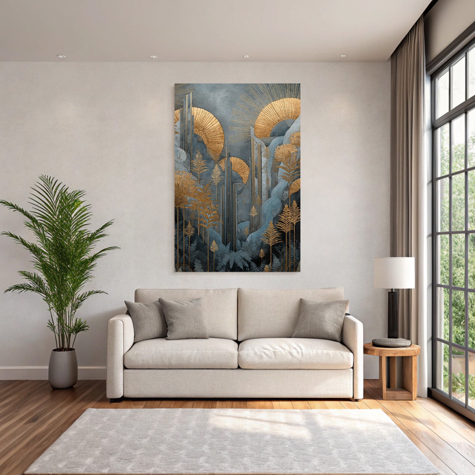 ArtDeco Goldene Botanische Landschaft Mit Blaüm Laub Und Sonnenringen