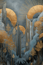 ArtDeco Goldene Botanische Landschaft Mit Blaüm Laub Und Sonnenringen | Art Deco | Stilrichtungen