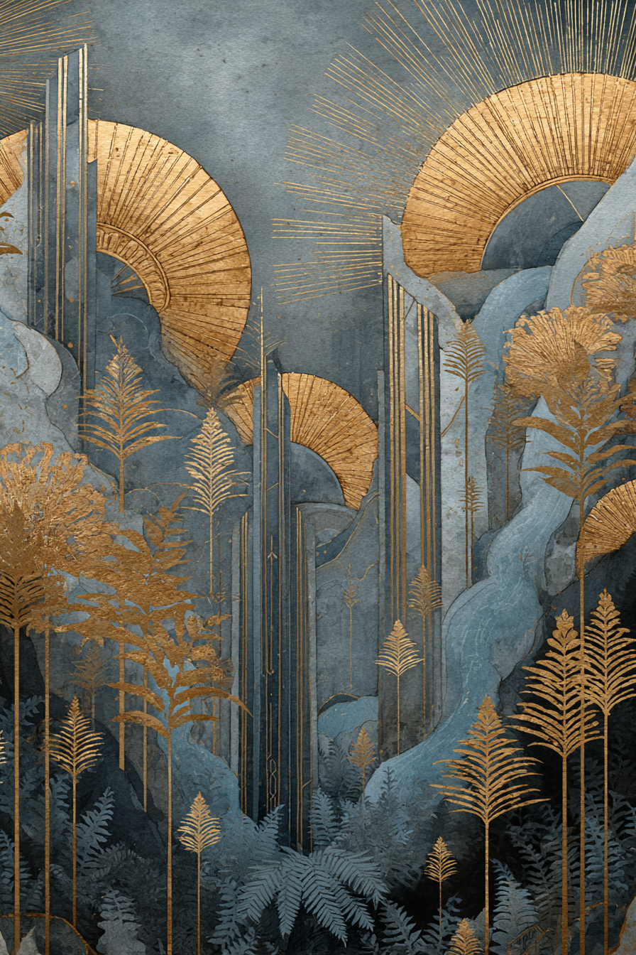 ArtDeco Goldene Botanische Landschaft Mit Blaüm Laub Und Sonnenringen | Art Deco | Stilrichtungen