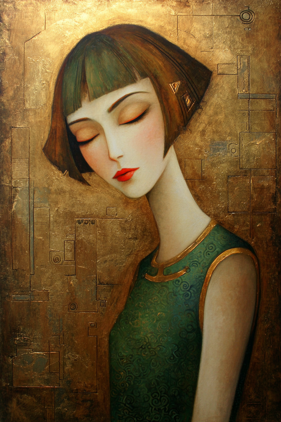 ArtDeco Junge Frau Mit Bobfrisur Im Grünen Kleid Vor Goldenem Hintergrund | Art Deco | Stilrichtungen