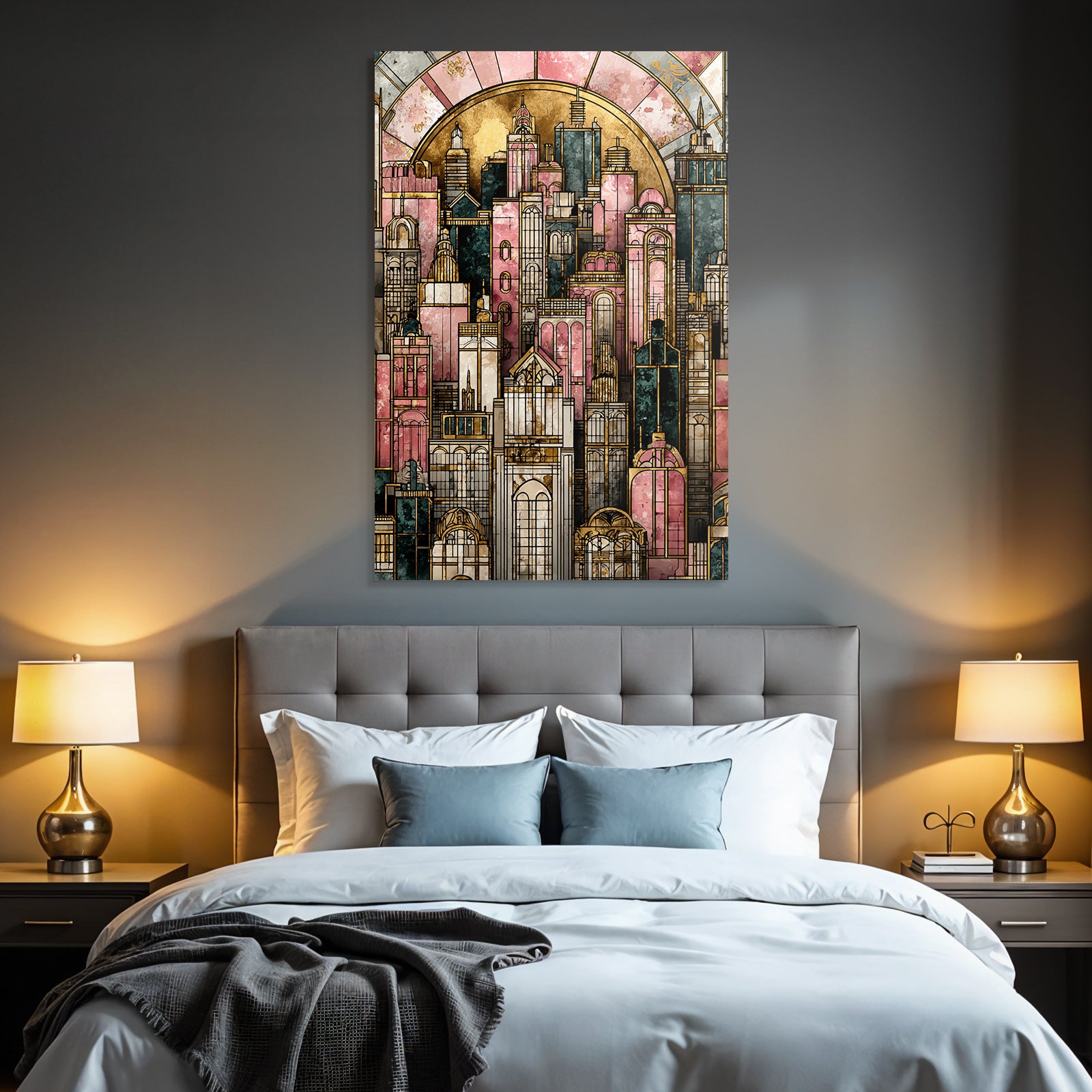ArtDeco Künstlerische Stadt Skyline Mit Pastellfarbenen Rosatönen Gold Und Dunkelgrün