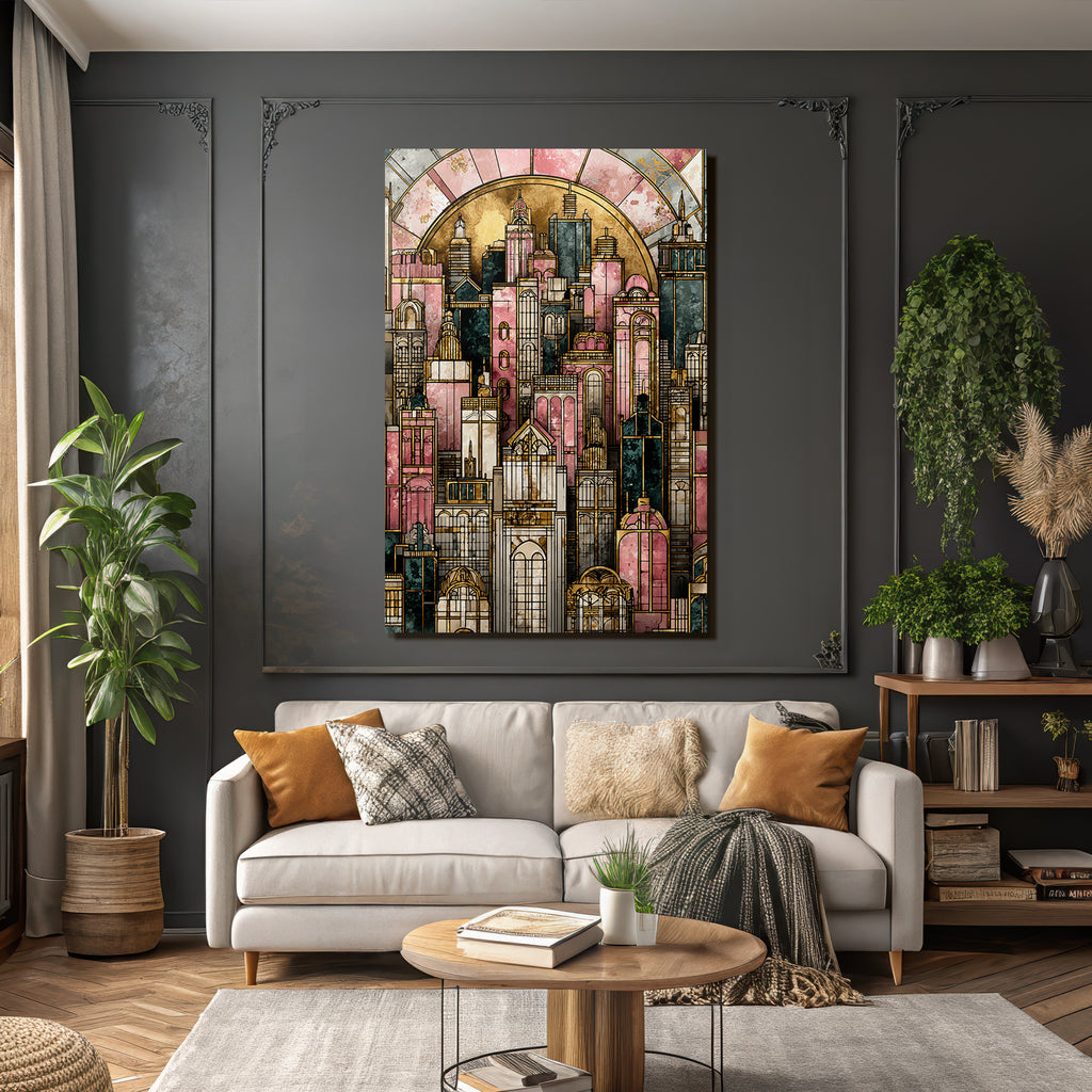 ArtDeco Künstlerische Stadt Skyline Mit Pastellfarbenen Rosatönen Gold Und Dunkelgrün