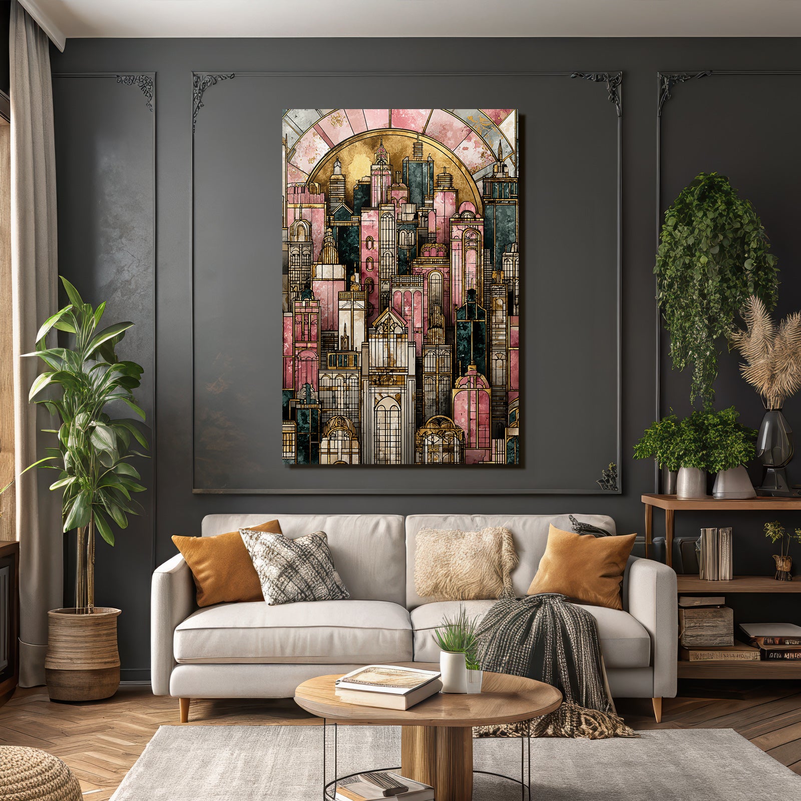 ArtDeco Künstlerische Stadt Skyline Mit Pastellfarbenen Rosatönen Gold Und Dunkelgrün