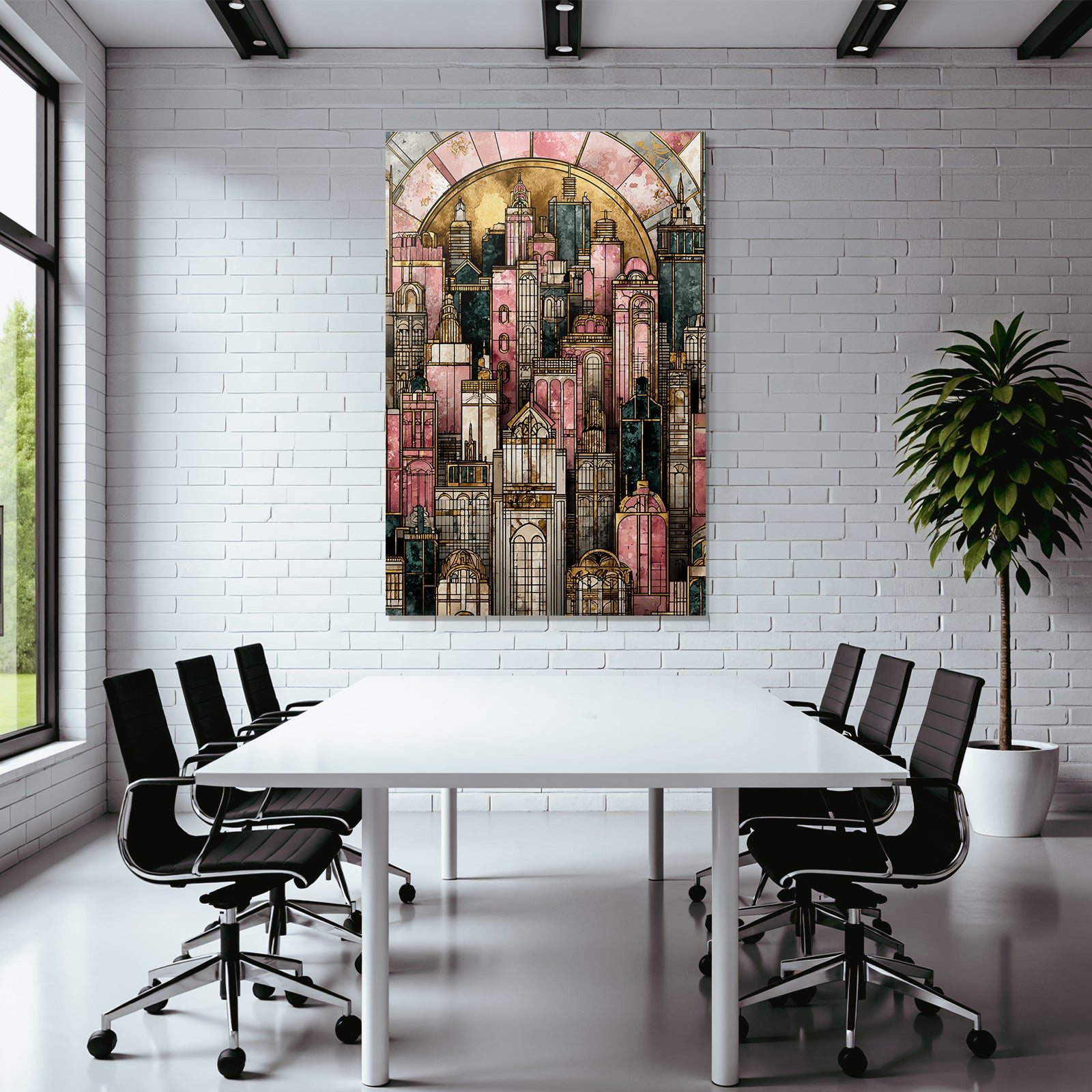 ArtDeco Künstlerische Stadt Skyline Mit Pastellfarbenen Rosatönen Gold Und Dunkelgrün