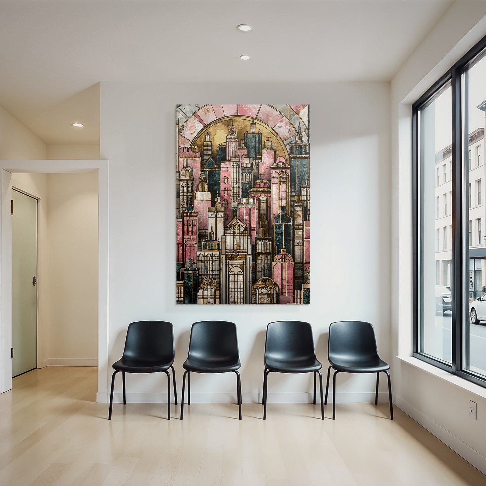 ArtDeco Künstlerische Stadt Skyline Mit Pastellfarbenen Rosatönen Gold Und Dunkelgrün
