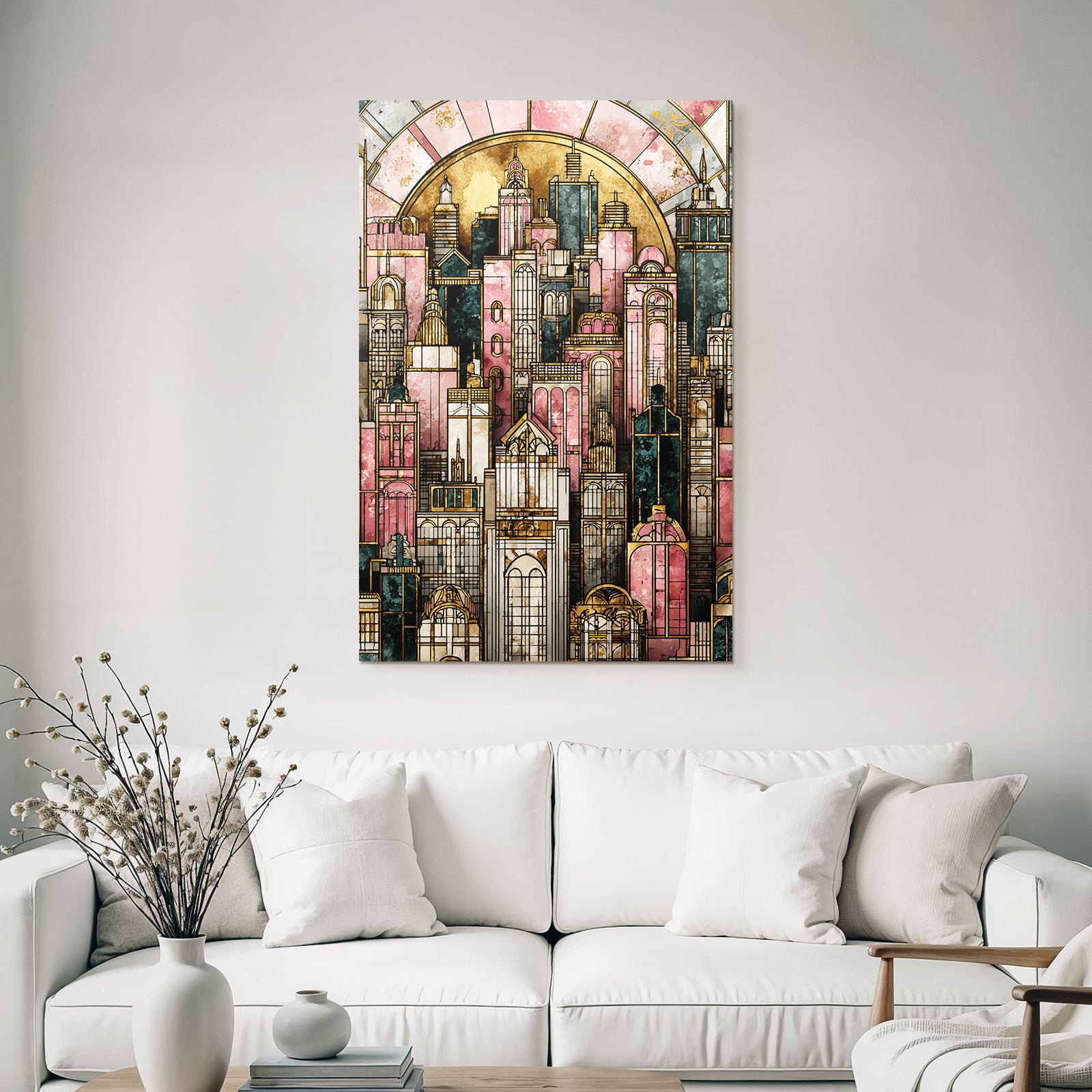 ArtDeco Künstlerische Stadt Skyline Mit Pastellfarbenen Rosatönen Gold Und Dunkelgrün
