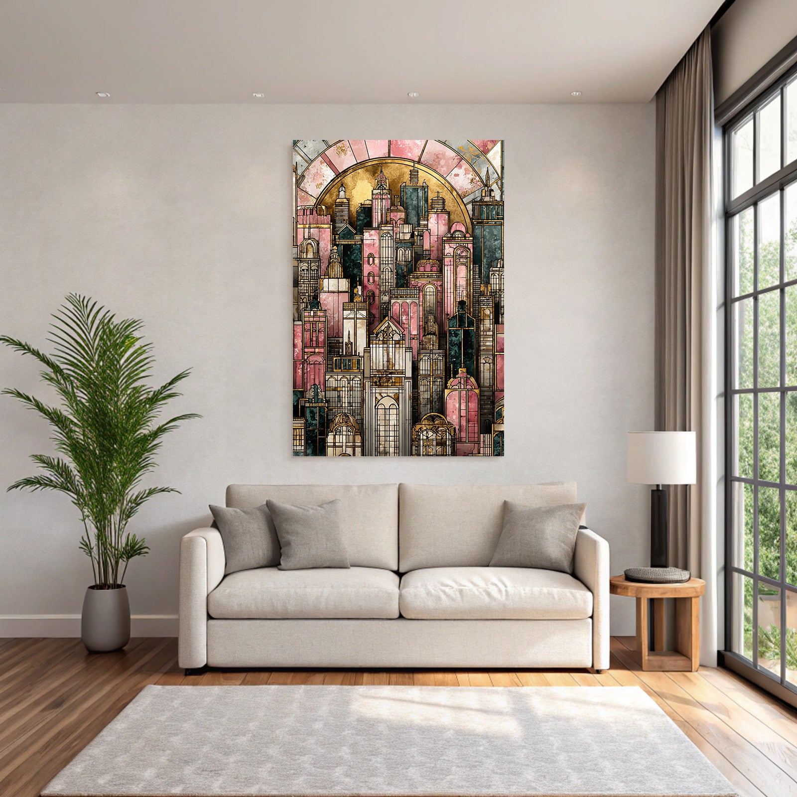 ArtDeco Künstlerische Stadt Skyline Mit Pastellfarbenen Rosatönen Gold Und Dunkelgrün