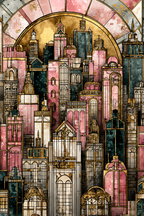 ArtDeco Künstlerische Stadt Skyline Mit Pastellfarbenen Rosatönen Gold Und Dunkelgrün | Art Deco | Stilrichtungen