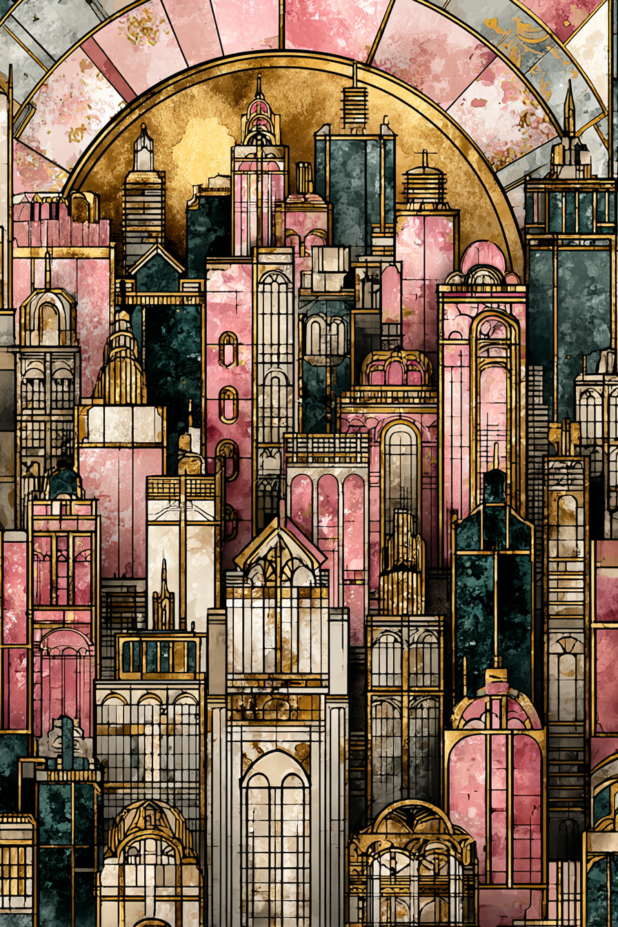 ArtDeco Künstlerische Stadt Skyline Mit Pastellfarbenen Rosatönen Gold Und Dunkelgrün | Art Deco | Stilrichtungen