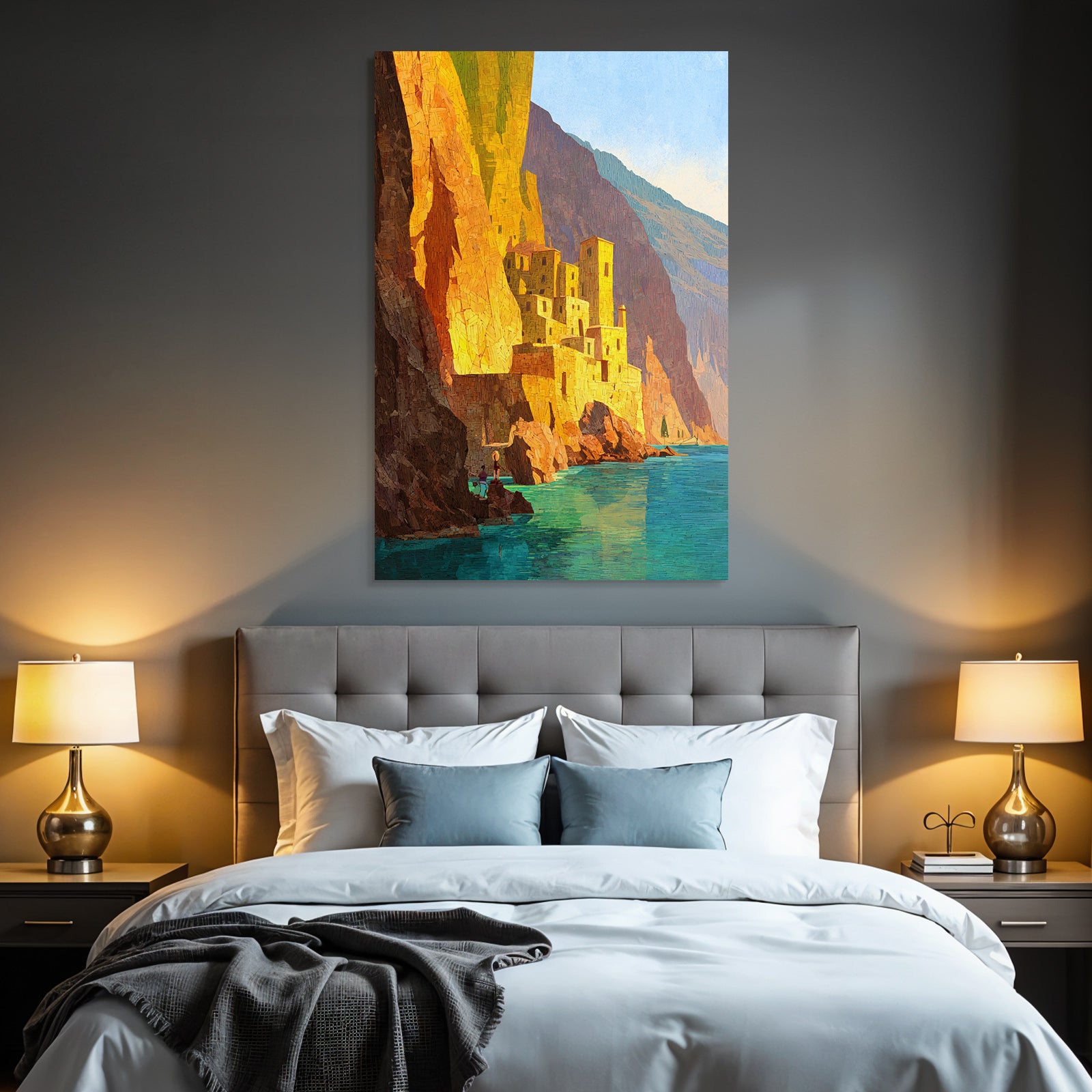 ArtDeco Küstenlandschaft Mit Dorf Am Felsen Und Blaüm Wasser