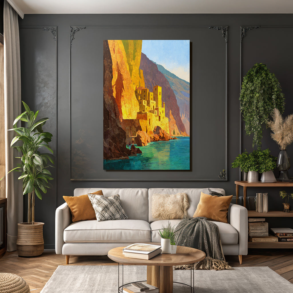 ArtDeco Küstenlandschaft Mit Dorf Am Felsen Und Blaüm Wasser