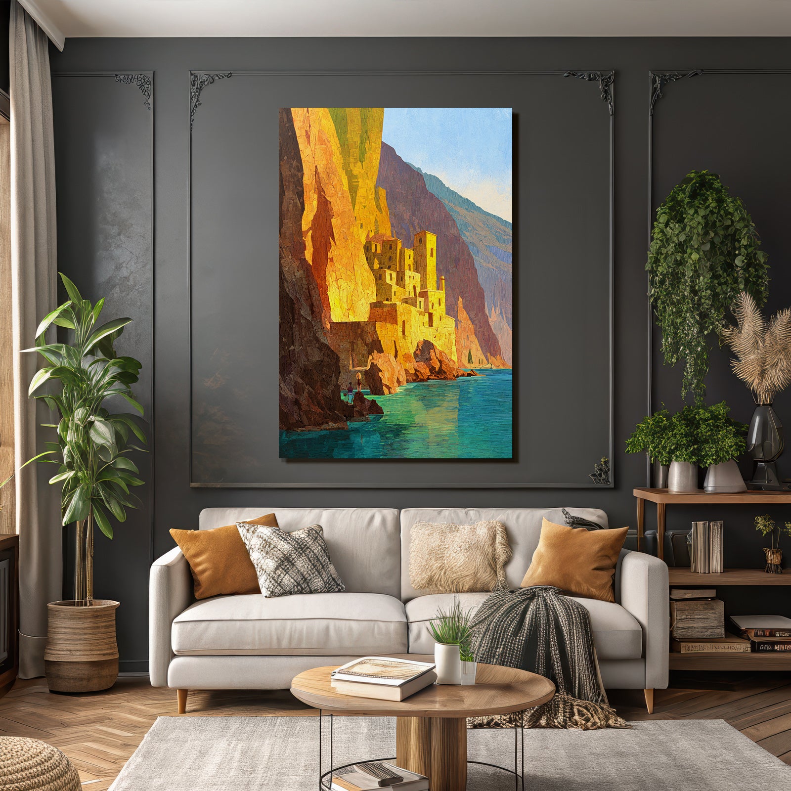 ArtDeco Küstenlandschaft Mit Dorf Am Felsen Und Blaüm Wasser