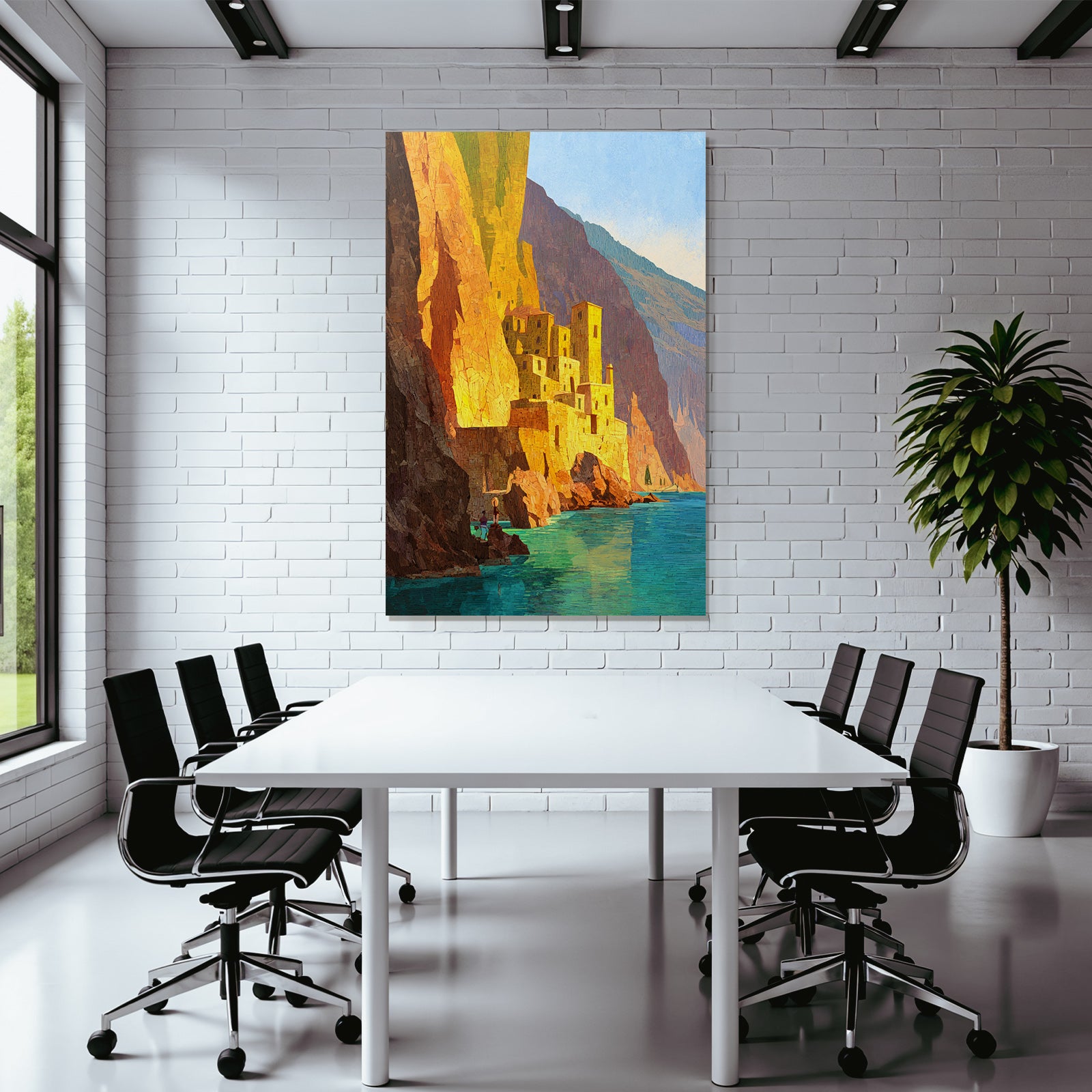 ArtDeco Küstenlandschaft Mit Dorf Am Felsen Und Blaüm Wasser