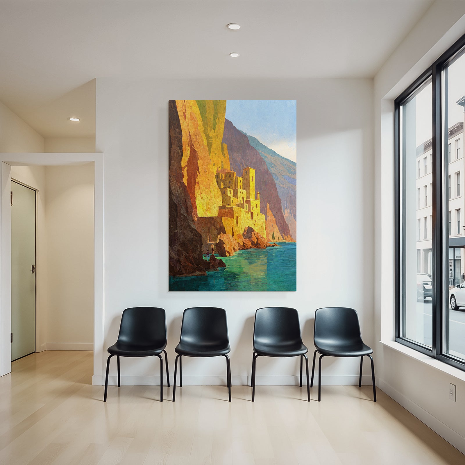 ArtDeco Küstenlandschaft Mit Dorf Am Felsen Und Blaüm Wasser