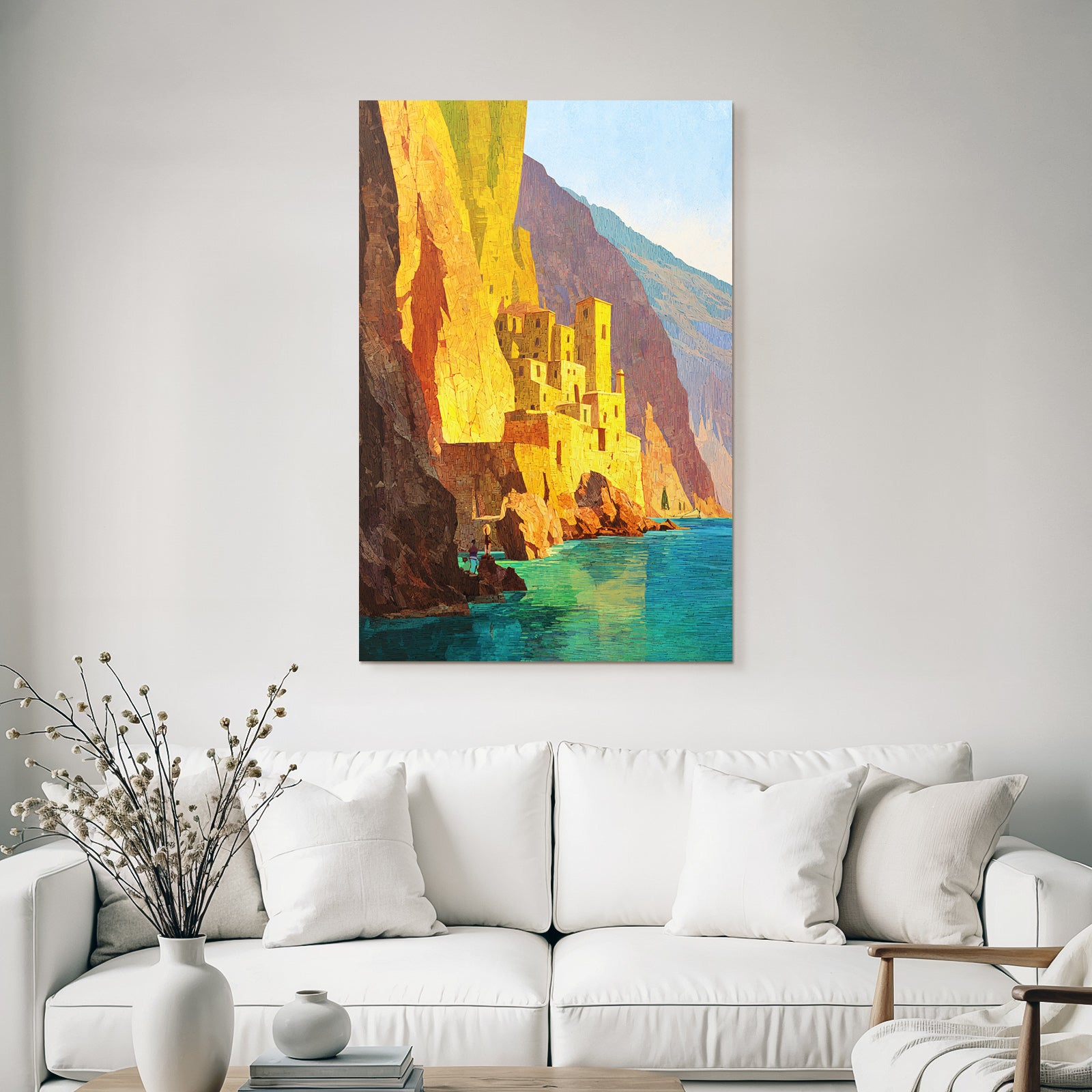ArtDeco Küstenlandschaft Mit Dorf Am Felsen Und Blaüm Wasser