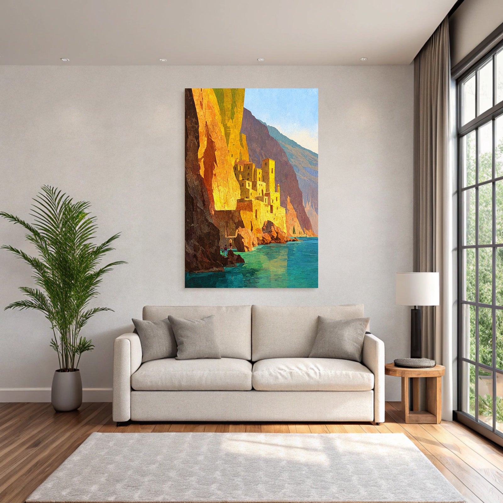ArtDeco Küstenlandschaft Mit Dorf Am Felsen Und Blaüm Wasser