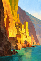 ArtDeco Küstenlandschaft Mit Dorf Am Felsen Und Blaüm Wasser | Art Deco | Stilrichtungen