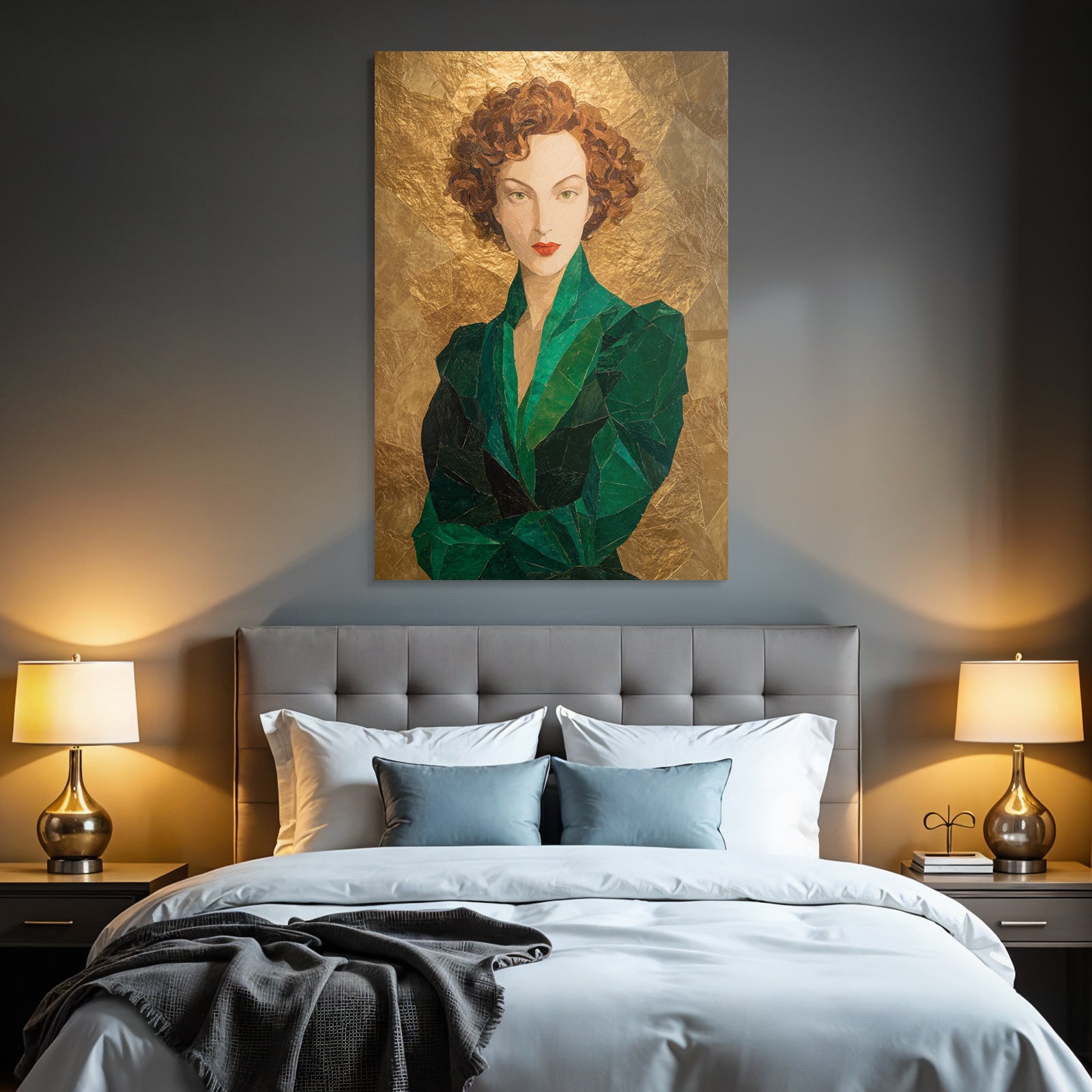 ArtDeco Mosaikportrait Einer Frau Mit Locken Und Grüner Kleidung Vor Goldhintergrund