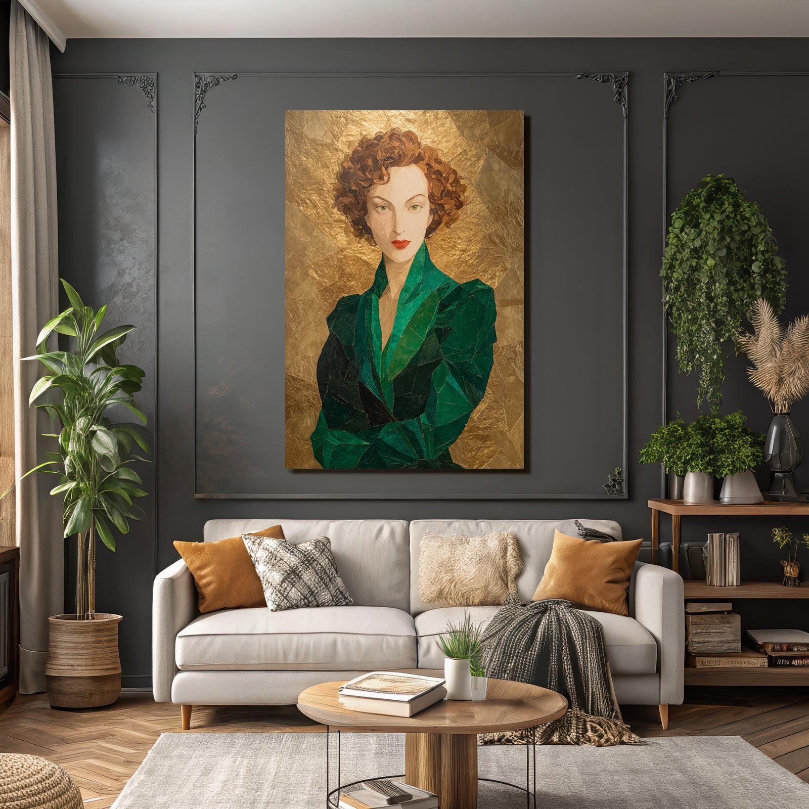 ArtDeco Mosaikportrait Einer Frau Mit Locken Und Grüner Kleidung Vor Goldhintergrund
