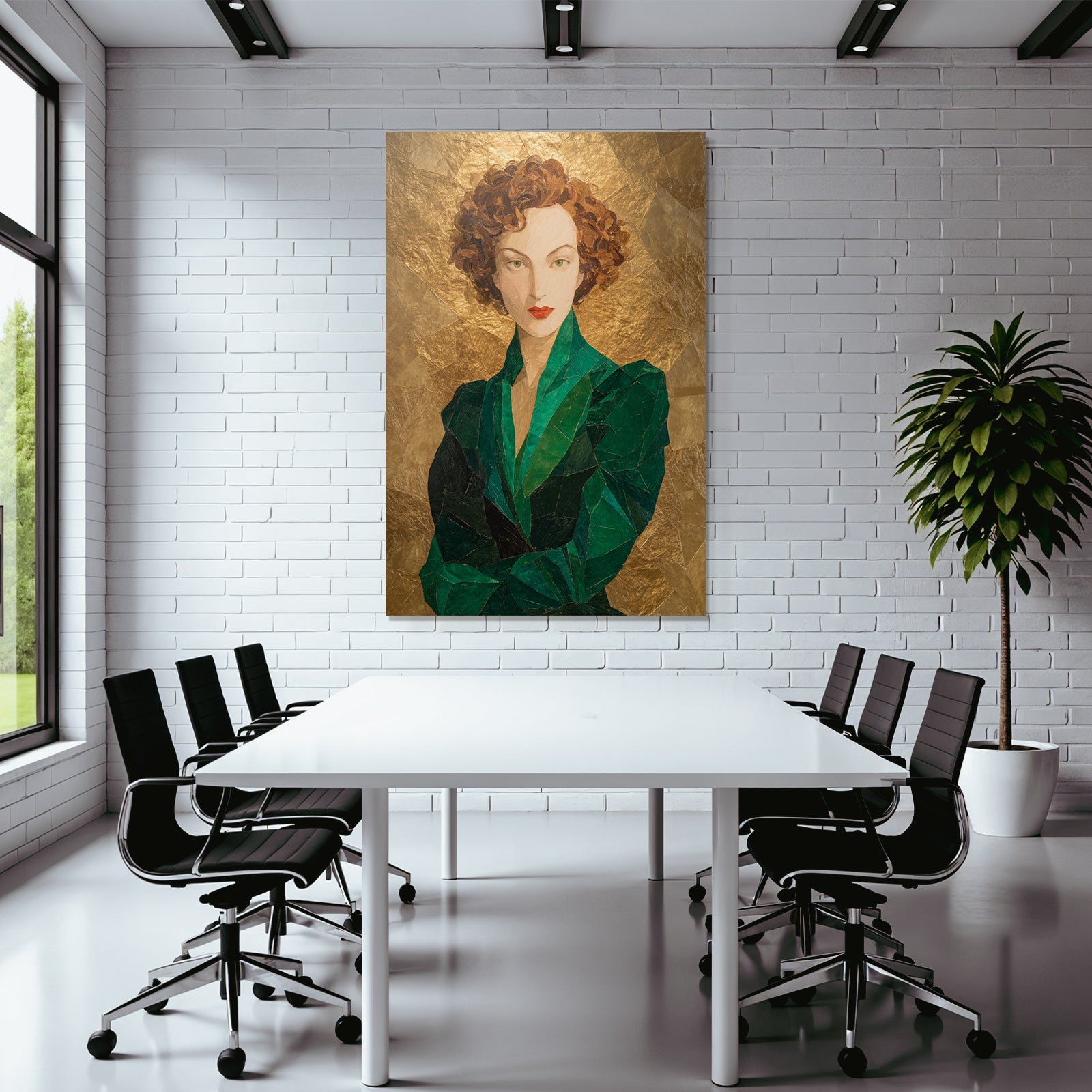 ArtDeco Mosaikportrait Einer Frau Mit Locken Und Grüner Kleidung Vor Goldhintergrund