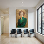 ArtDeco Mosaikportrait Einer Frau Mit Locken Und Grüner Kleidung Vor Goldhintergrund