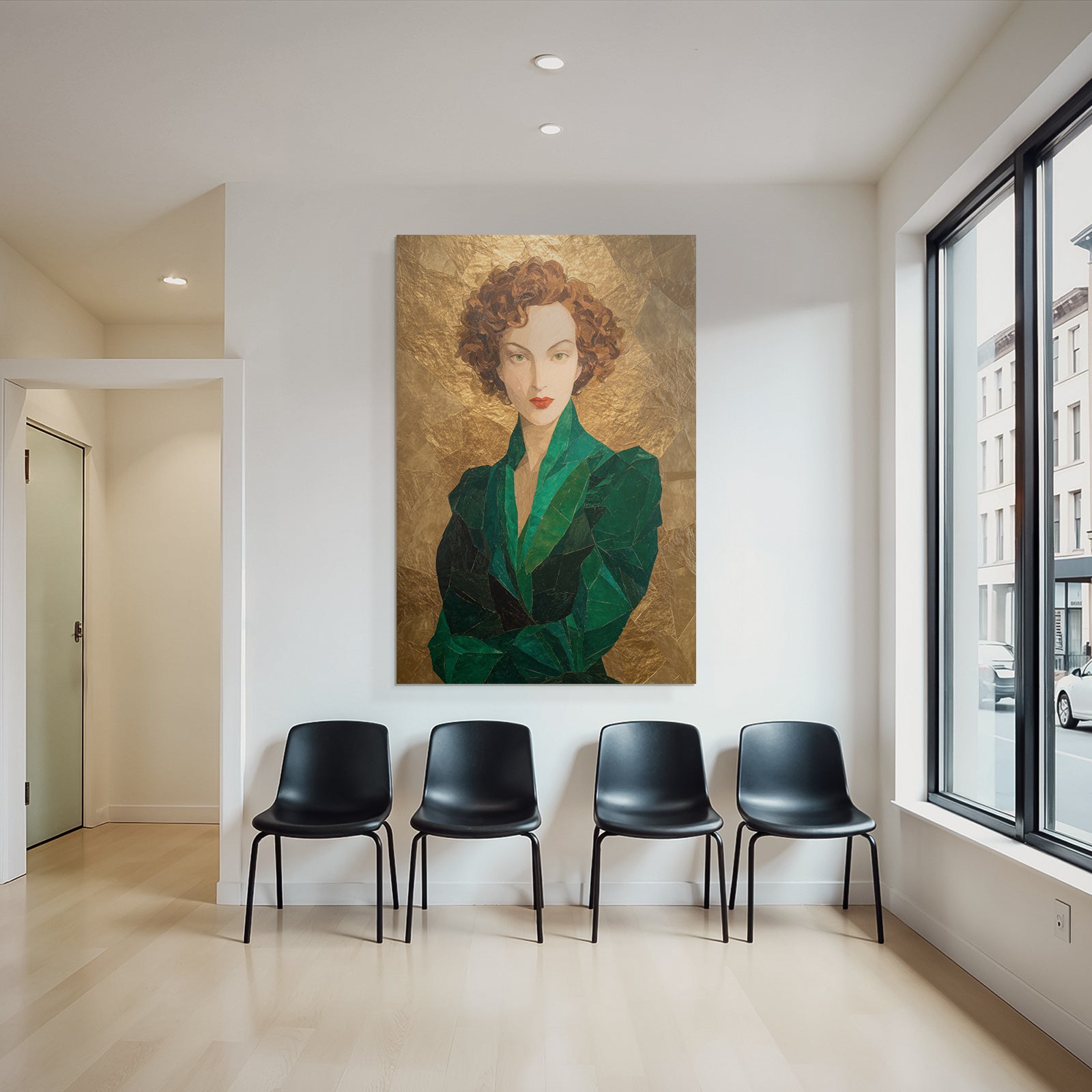ArtDeco Mosaikportrait Einer Frau Mit Locken Und Grüner Kleidung Vor Goldhintergrund