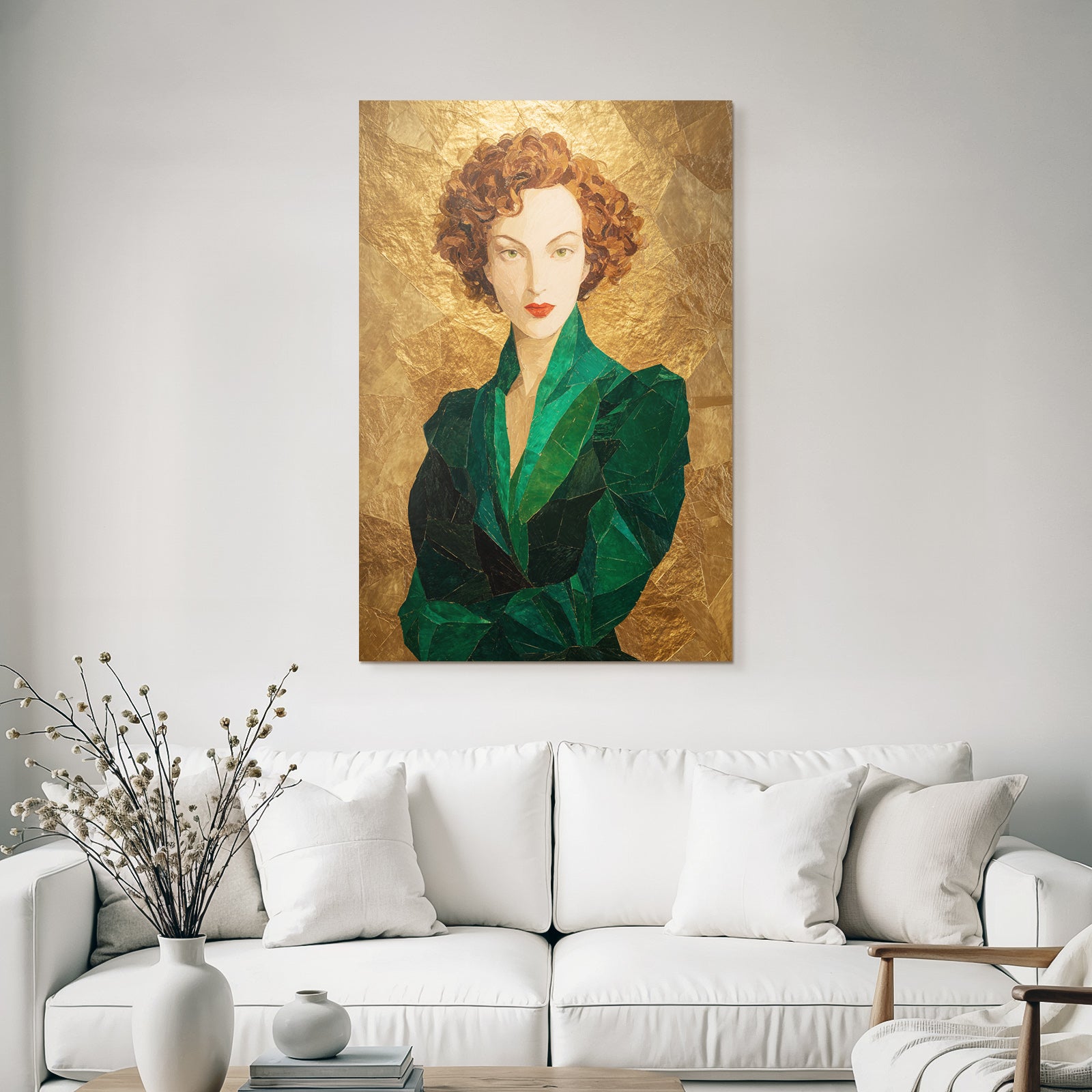 ArtDeco Mosaikportrait Einer Frau Mit Locken Und Grüner Kleidung Vor Goldhintergrund